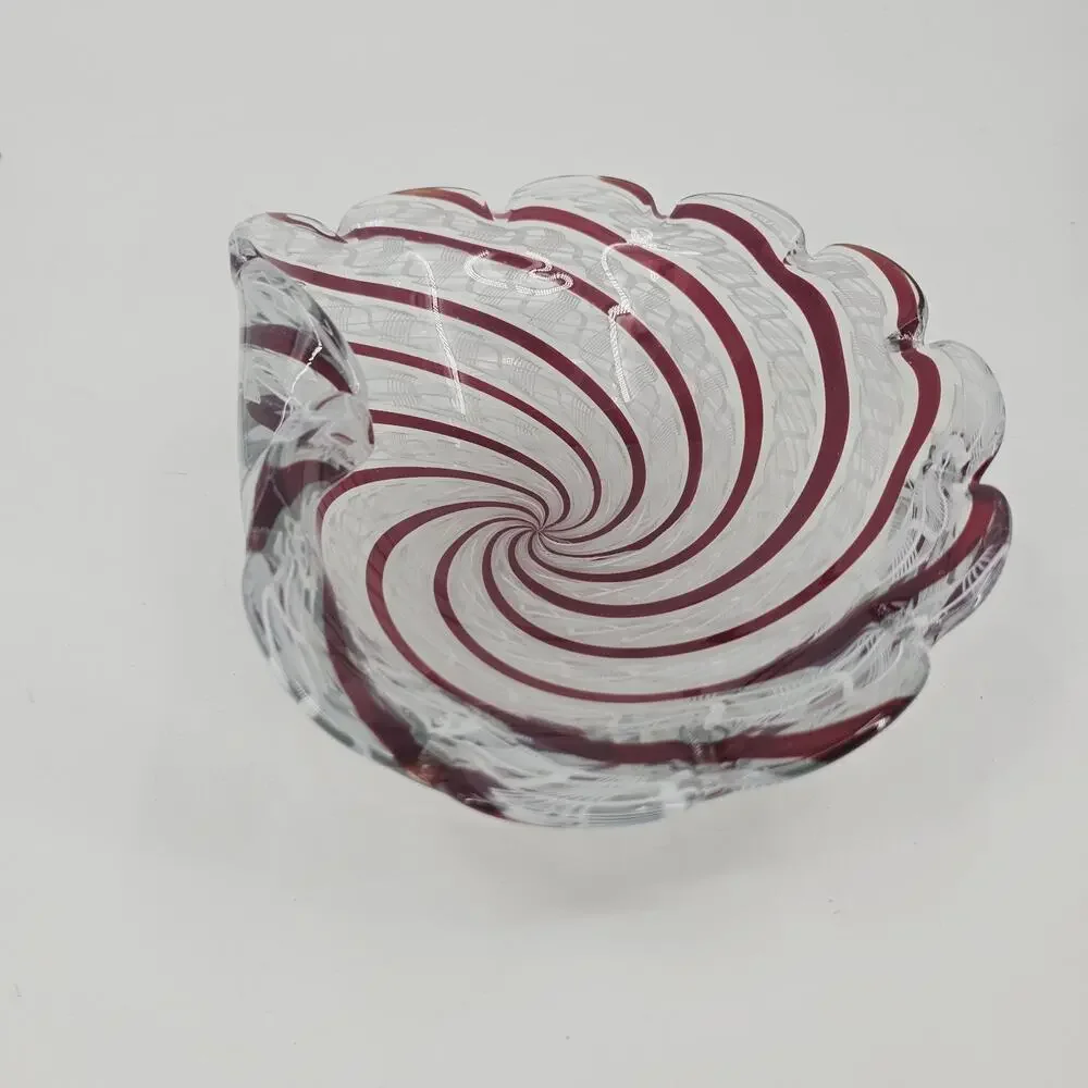MCM Murano art glass bowl HEAVY Latticino Zanfirico Swirl centerpiece Pink White